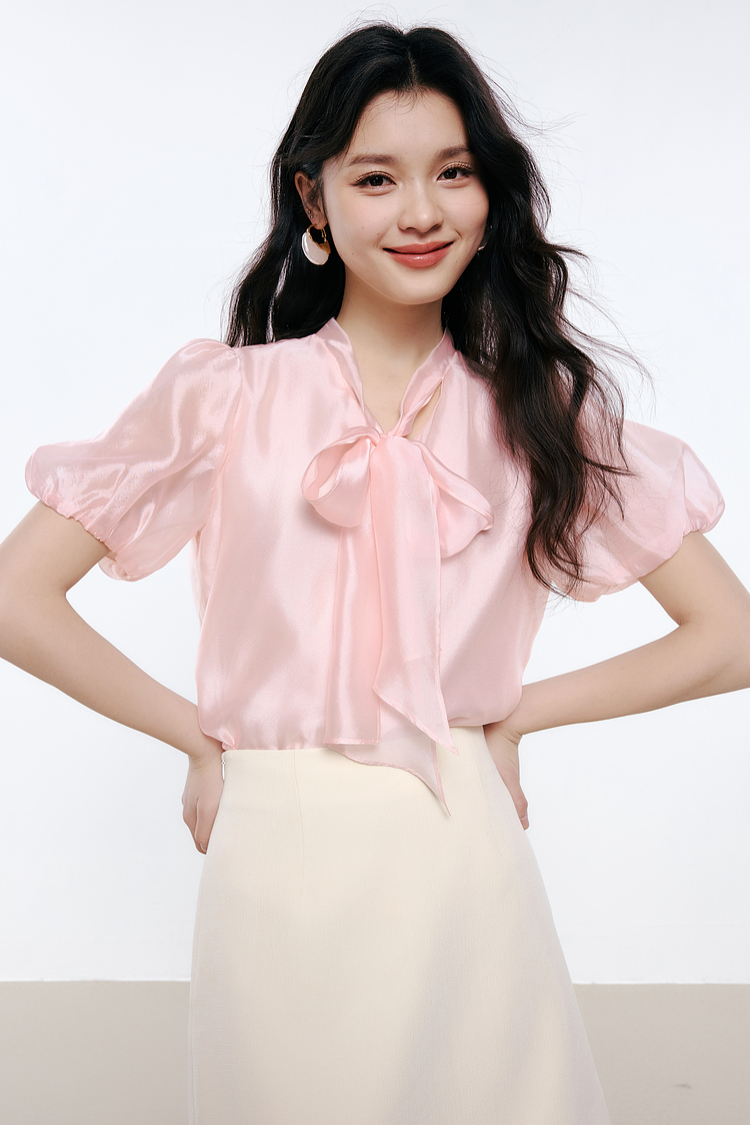リボンブラウス 優美なリボン結び シフォンブラウス
