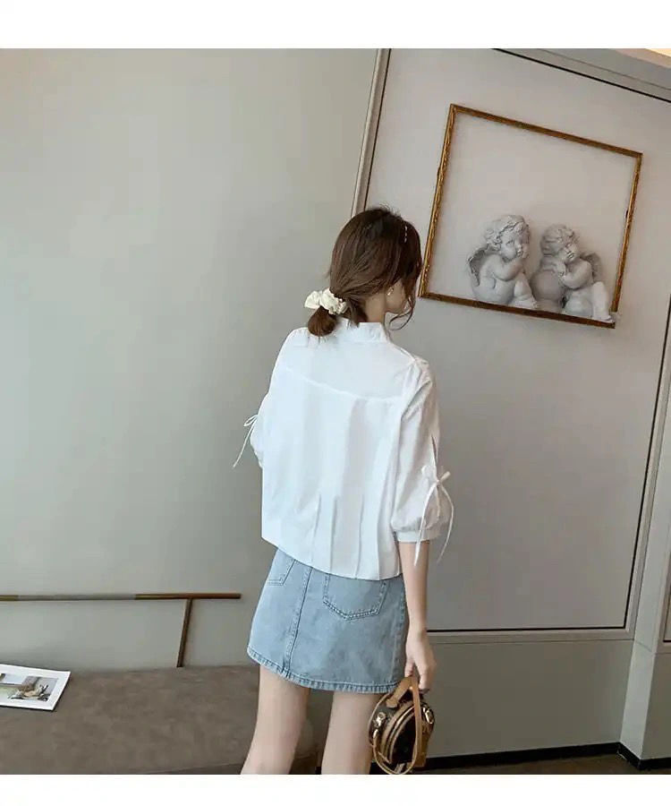 袖リボンブラウス 白 襟付き 七分袖 きれいめ 通勤