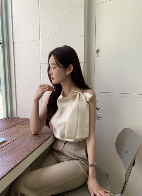 リボンブラウス 袖リボン付きノースリーブブラウス韓国風