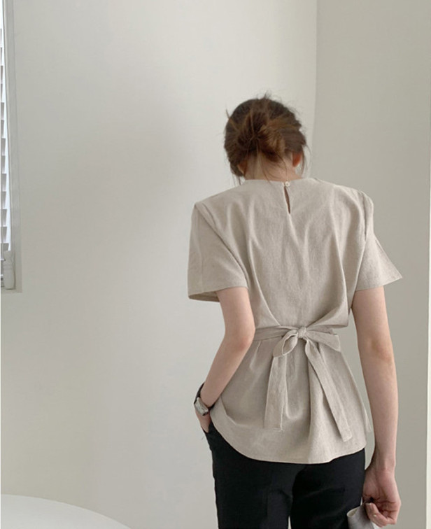 リボンブラウス ウエストリボン半袖ブラウス きれいめカジュアルトップス