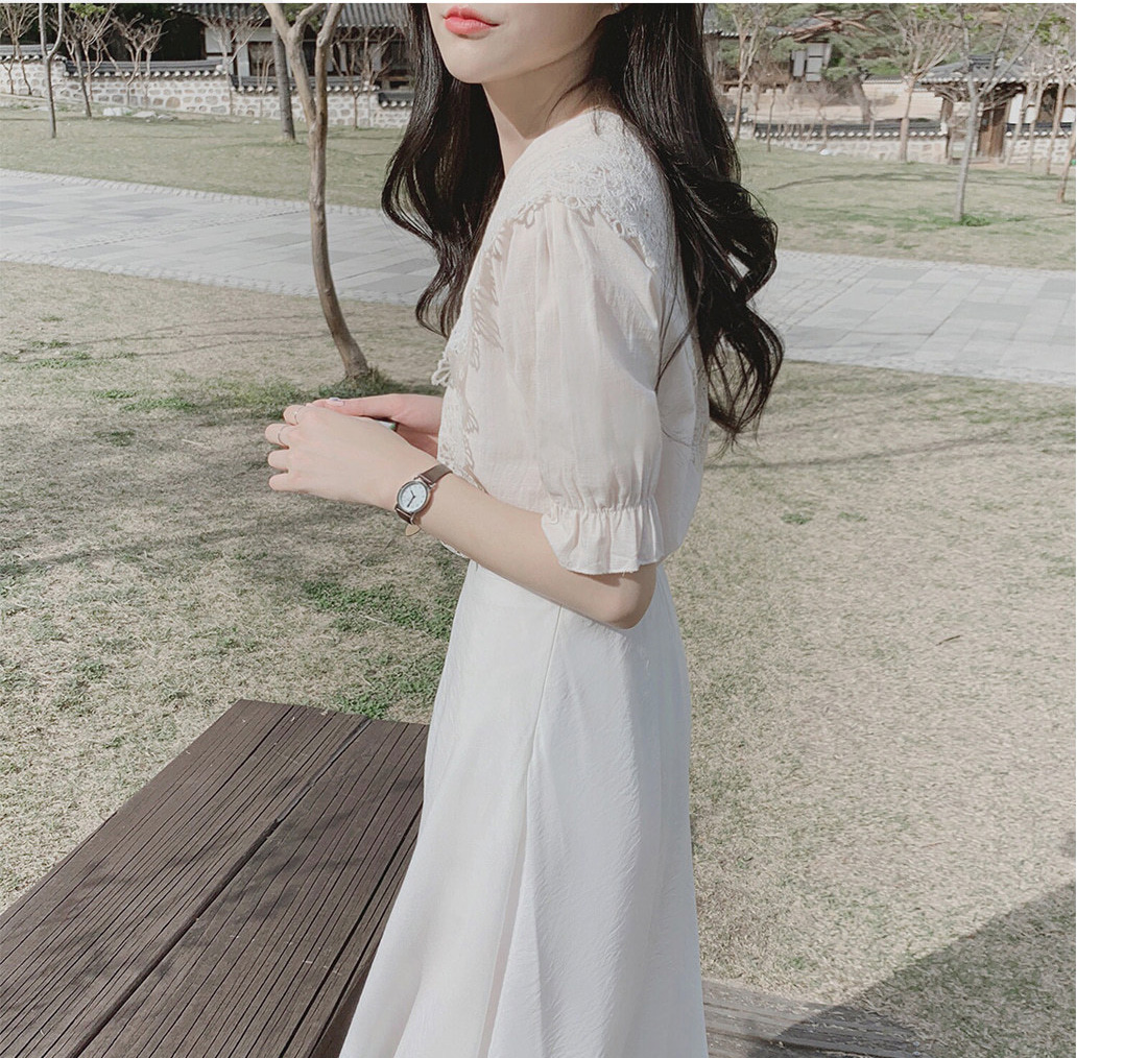 リボンブラウス 大人可愛い無地レースブラウス バルーンスリーブ バックリボン付き