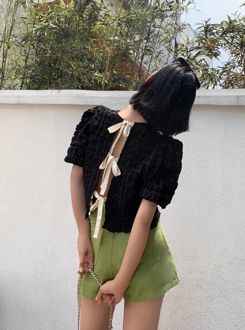 リボンブラウス 透かし彫り レトロ風 バックリボン ワッフル ブラウス