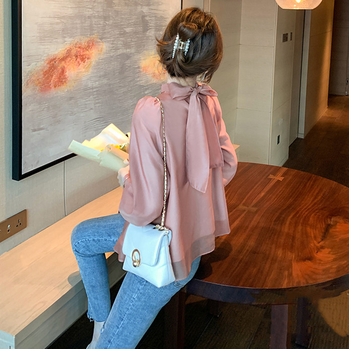 リボンブラウス 2025春夏新作 背面リボン シフォンブラウス 長袖 韓国風