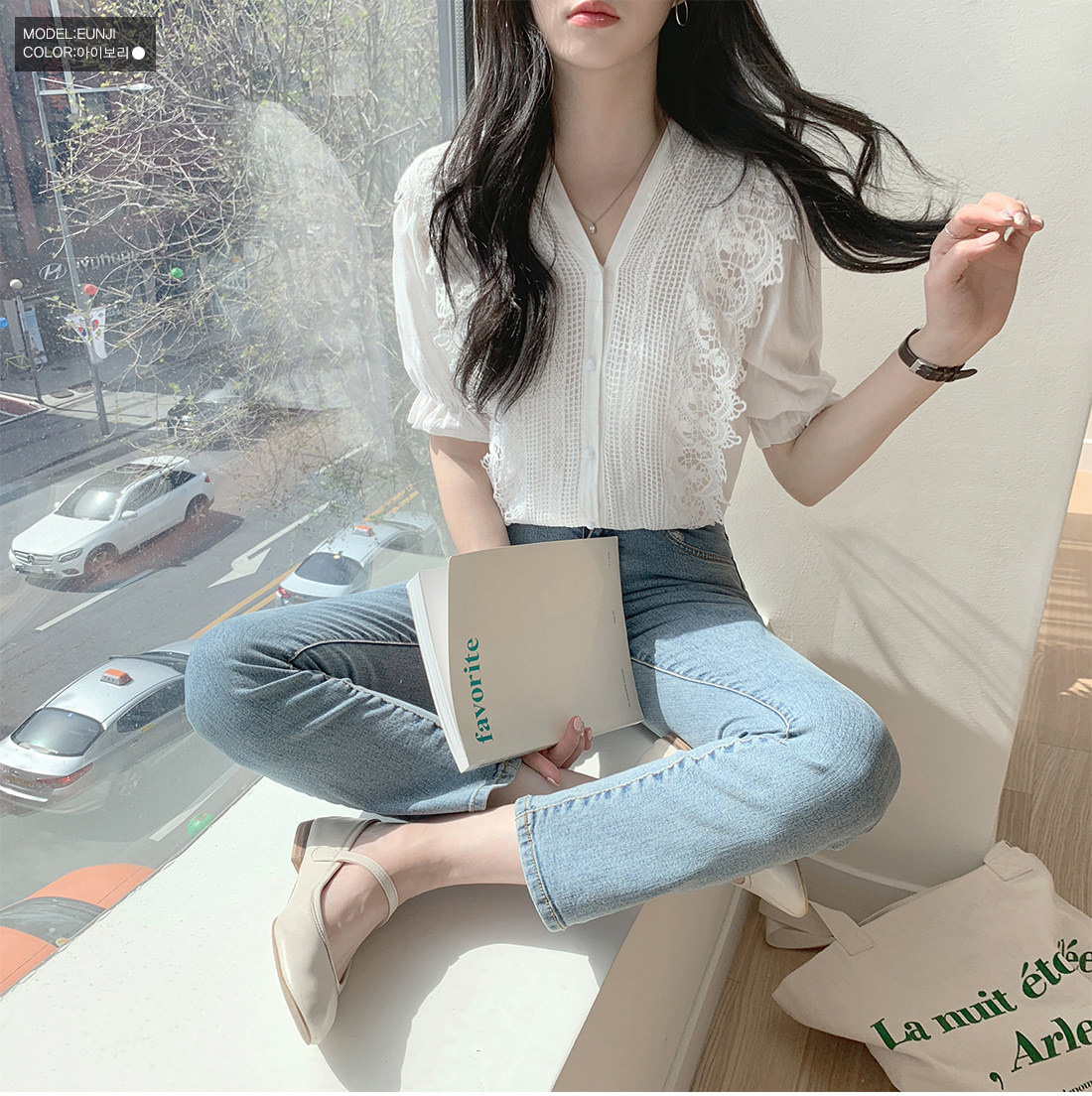 リボンブラウス 大人可愛い無地レースブラウス バルーンスリーブ バックリボン付き