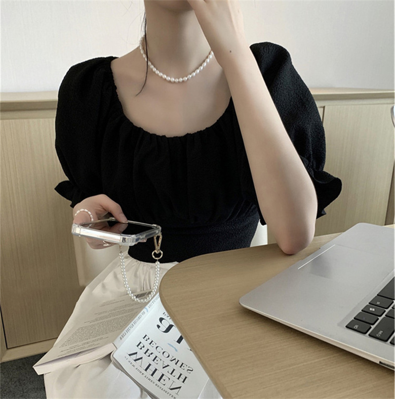 上品パフスリーブオフショルダーバックリボンブラウス