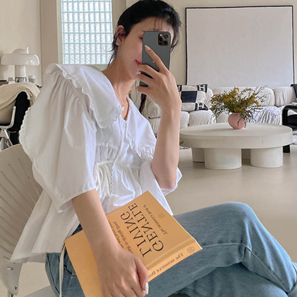 ビッグカラー パフ袖 リボンブラウス 白 上品 フェミニン