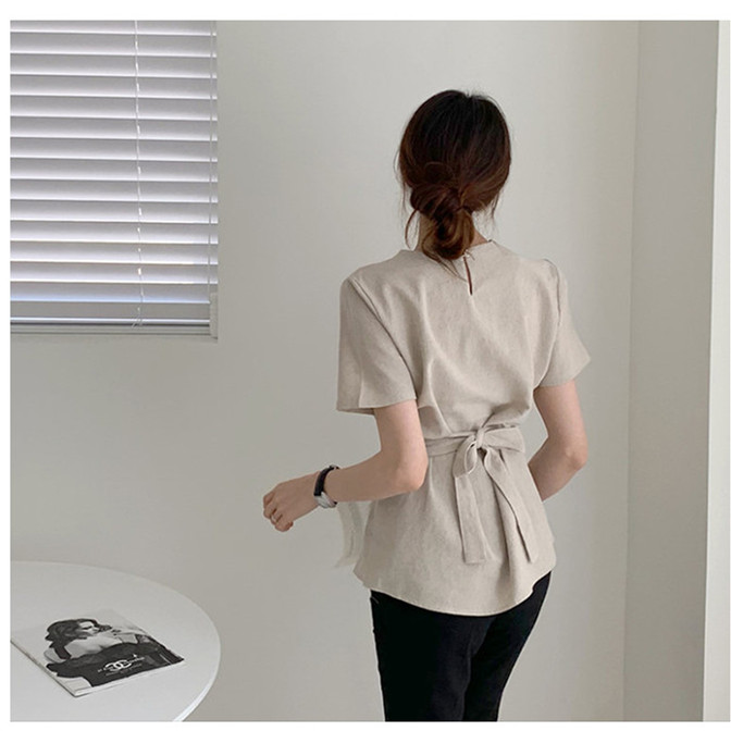 リボンブラウス ウエストリボン半袖ブラウス きれいめカジュアルトップス
