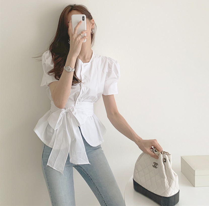 リボンブラウス パフスリーブ リボンベルト ブラウス 半袖