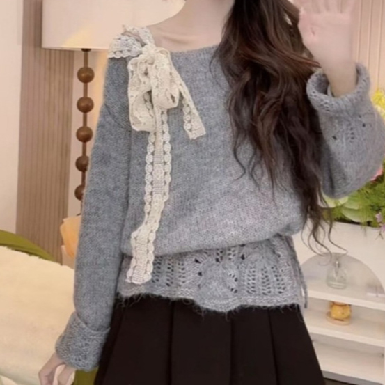 新作リボンブラウス透かし編みニットセーター