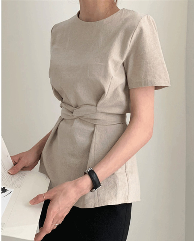 リボンブラウス ウエストリボン半袖ブラウス きれいめカジュアルトップス