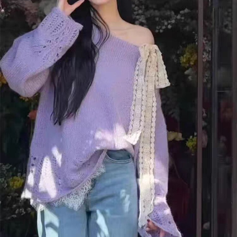 新作リボンブラウス透かし編みニットセーター