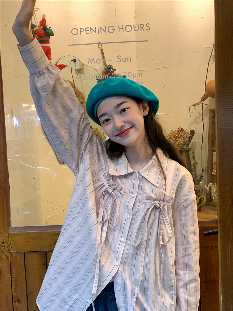リボンブラウス 春のストライプ柄気質系胸元リボン長袖ブラウス