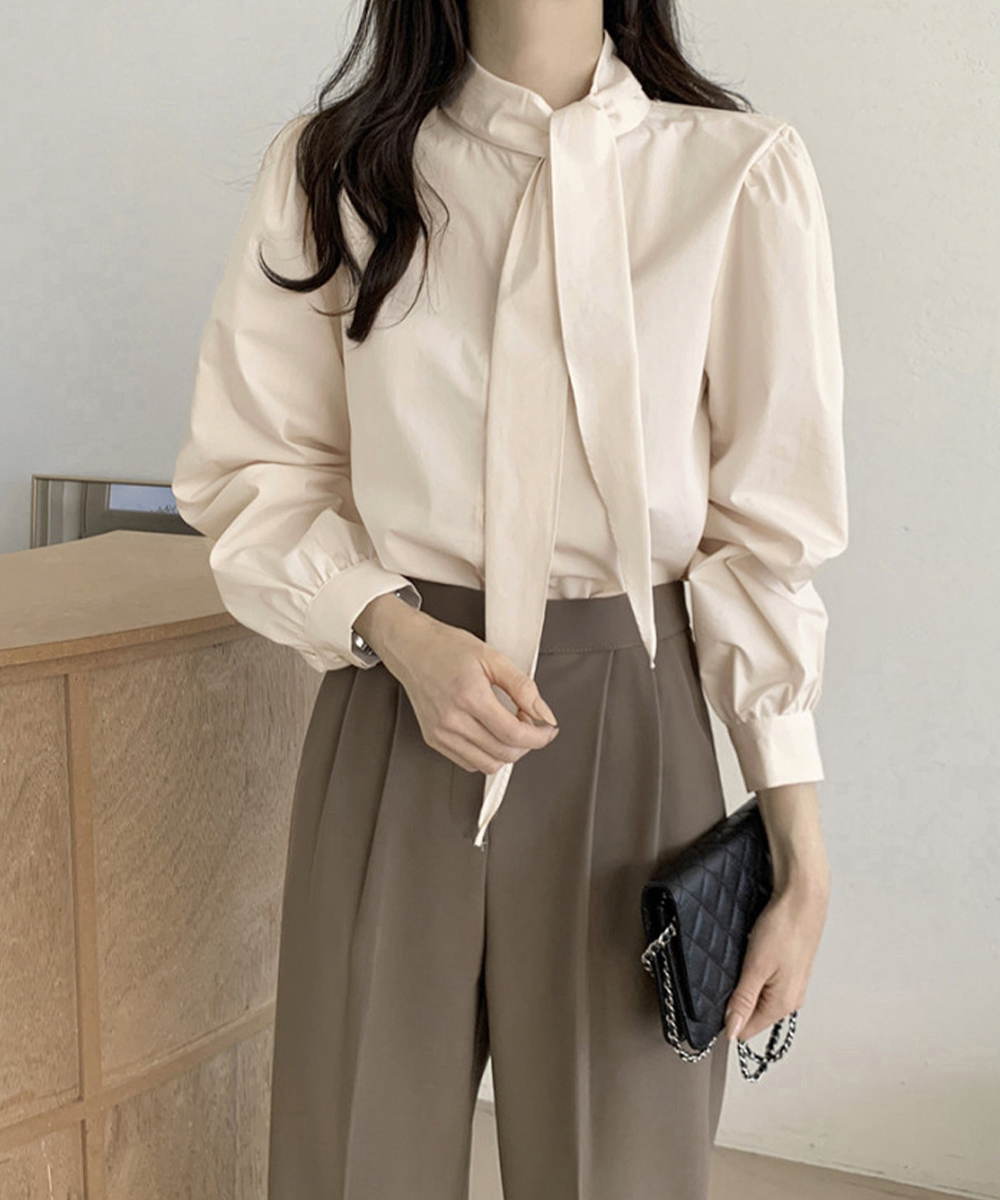 立ち襟ボウタイリボンブラウス長袖