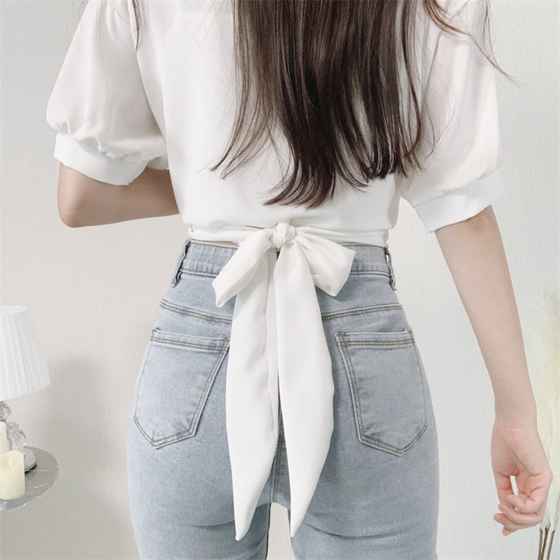 リボンブラウス 上品リボンベルト付きパフスリーブブイネックブラウス