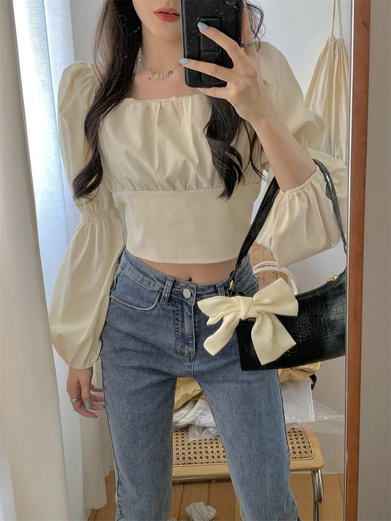 秋の新作 スクエアネック バックリボンブラウス