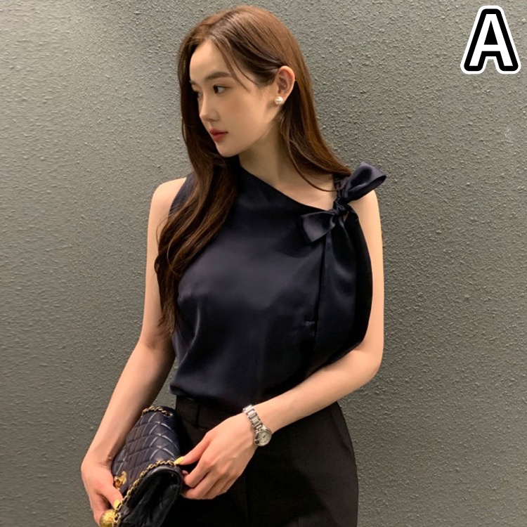 リボンブラウス 袖リボン付きノースリーブブラウス韓国風