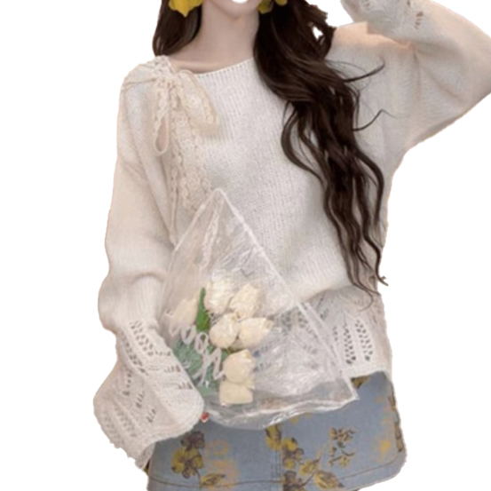 新作リボンブラウス透かし編みニットセーター