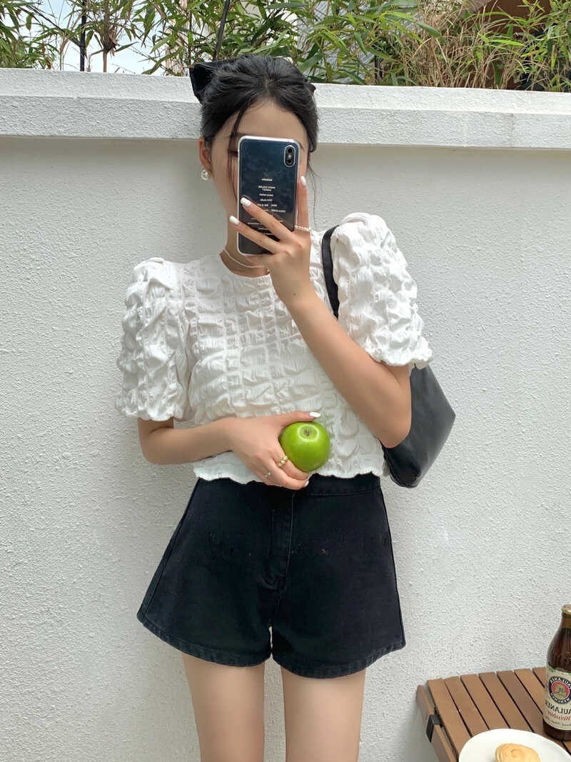 リボンブラウス 透かし彫り レトロ風 バックリボン ワッフル ブラウス