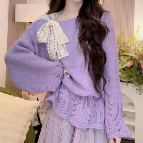 新作リボンブラウス透かし編みニットセーター