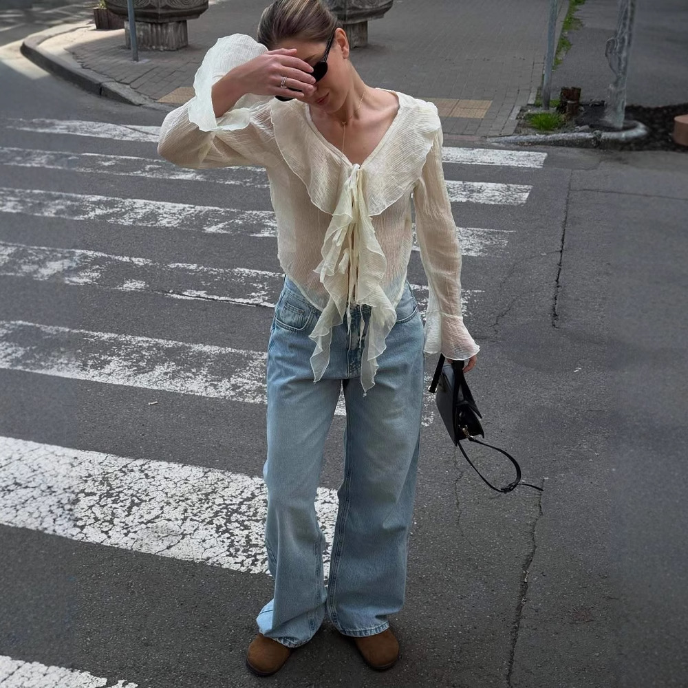 リボンブラウス 優美フリル袖リボンブラウス