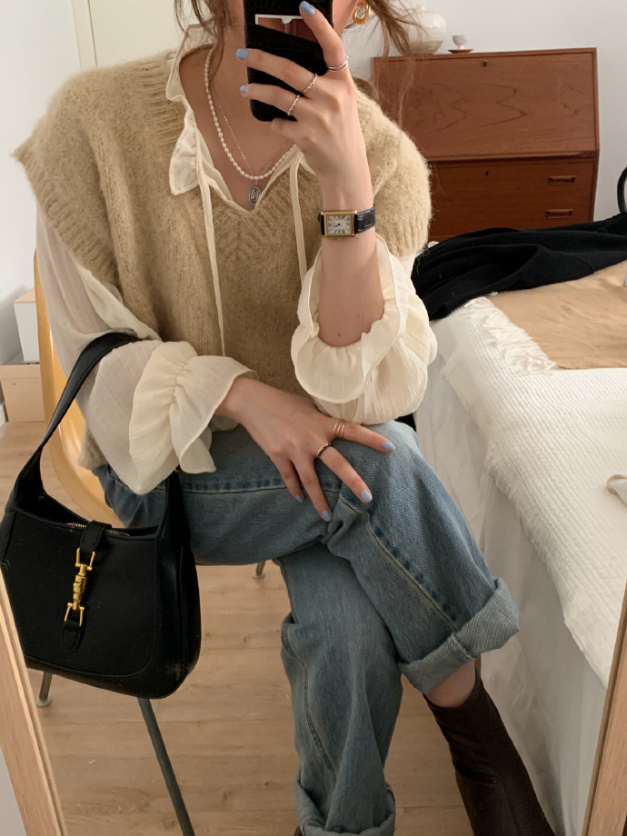 リボンブラウス ふんわりフリルネック長袖ブラウス通勤着回し