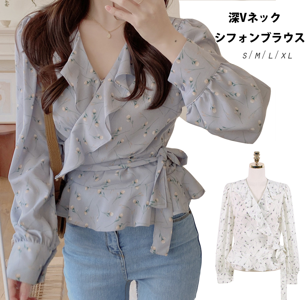花柄深Vネックウエストリボンブラウス