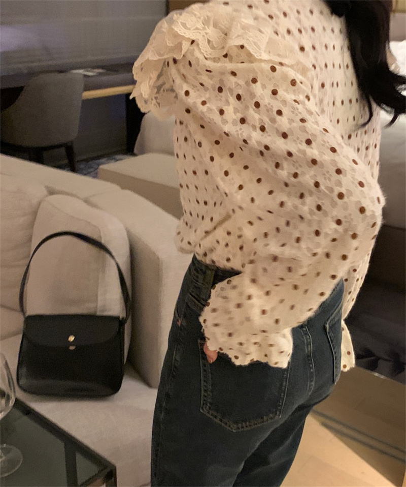 ドット柄レース襟リボンブラウス長袖シャツ