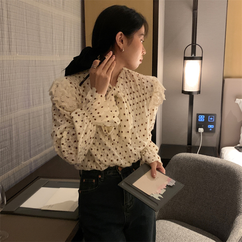 ドット柄レース襟リボンブラウス長袖シャツ