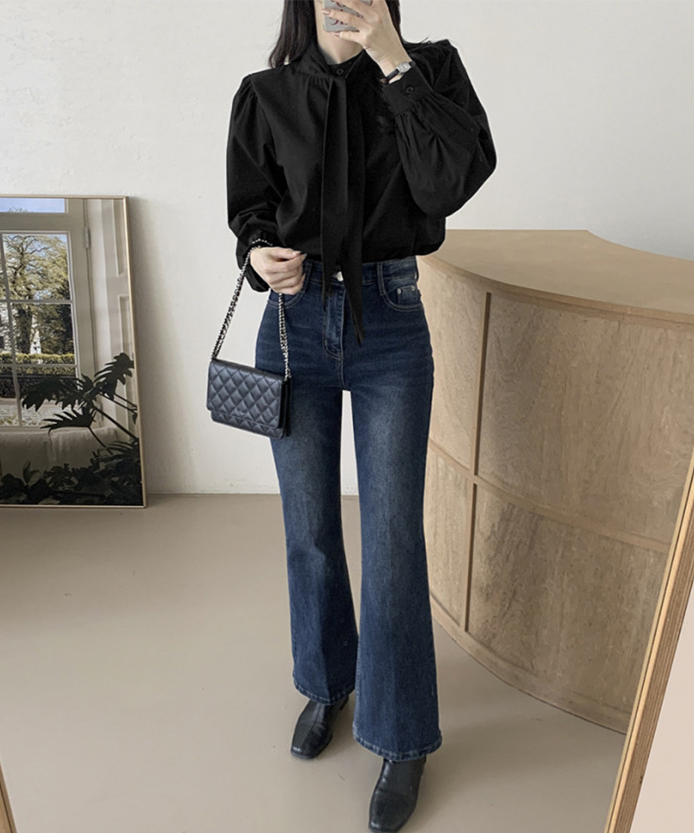 立ち襟ボウタイリボンブラウス長袖