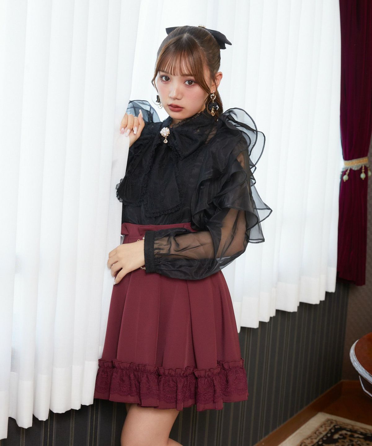 リボンブラウス ビックリボン 優美な宝石リボン飾りブラウス