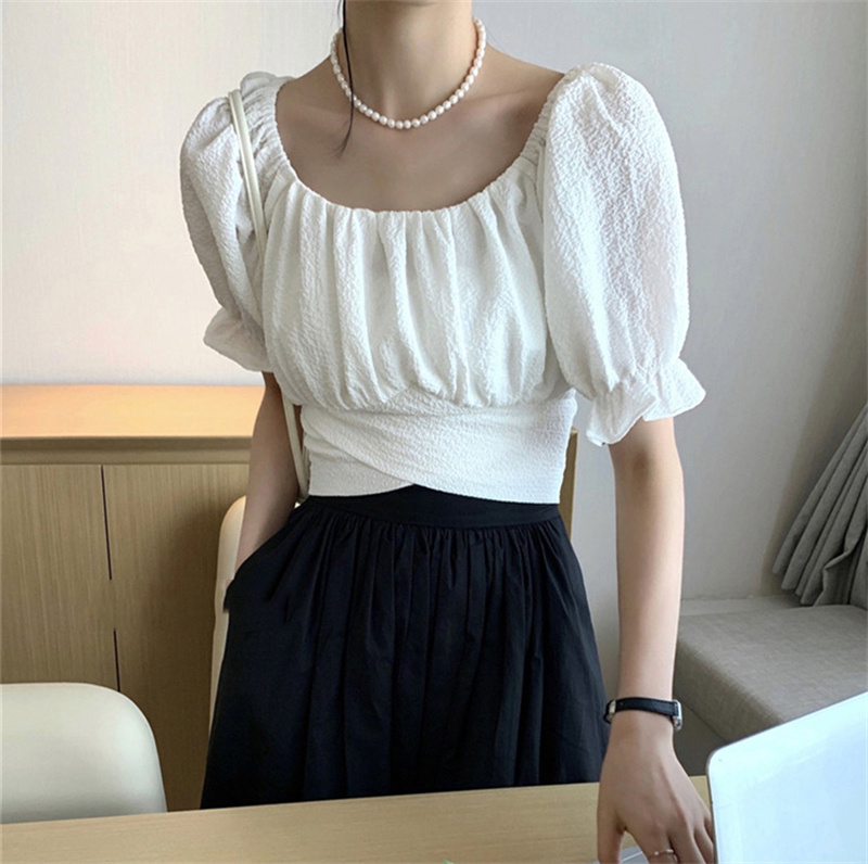 上品パフスリーブオフショルダーバックリボンブラウス