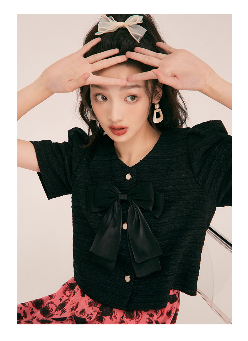 リボンブラウス ビックリボン 優美なフロントリボン半袖ブラウス