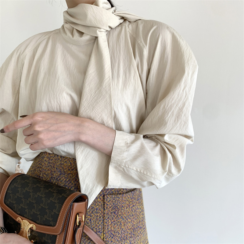 秋の新作レトロ風長袖ボウタイリボンブラウス