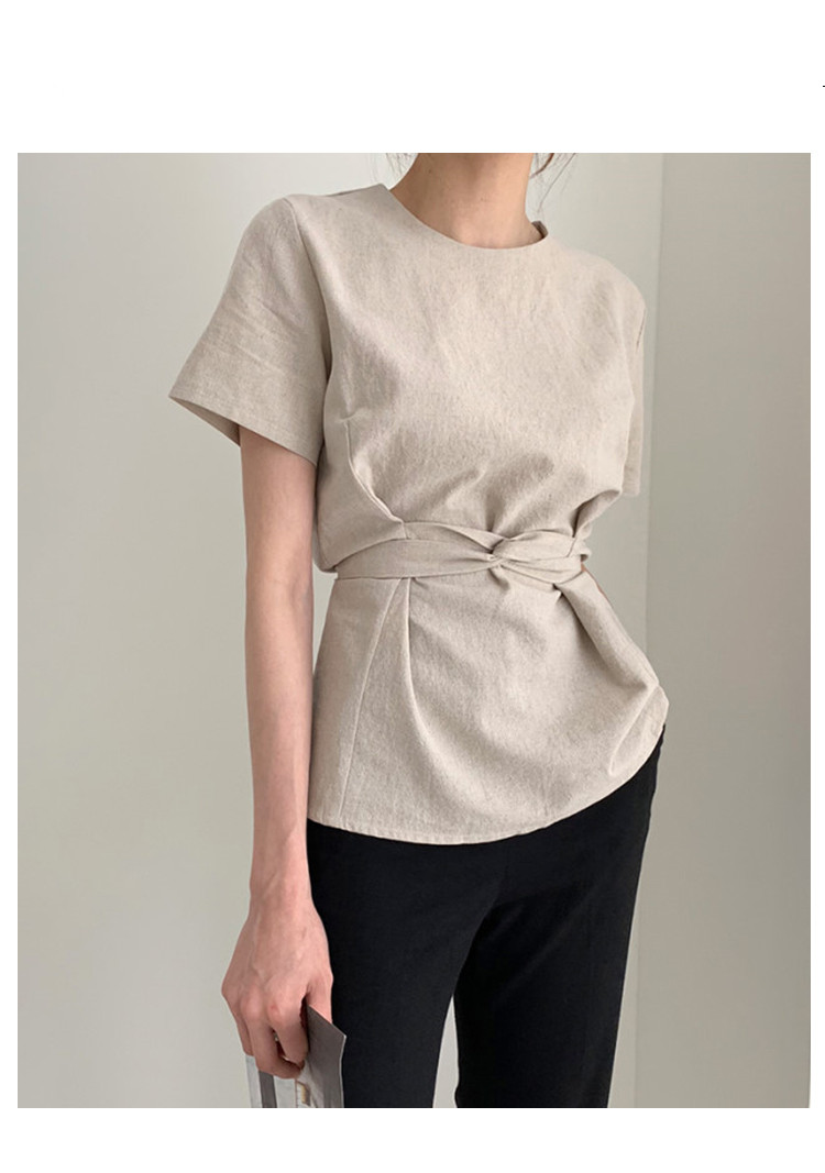 リボンブラウス ウエストリボン半袖ブラウス きれいめカジュアルトップス