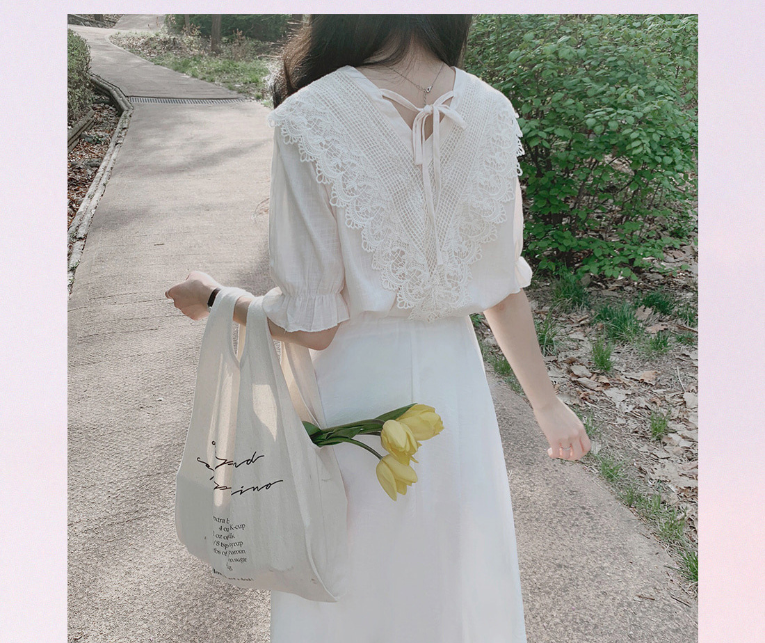 リボンブラウス 大人可愛い無地レースブラウス バルーンスリーブ バックリボン付き