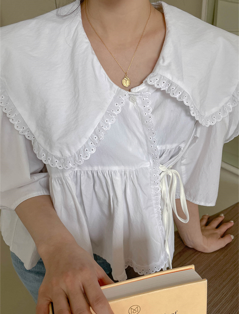 ビッグカラー パフ袖 リボンブラウス 白 上品 フェミニン