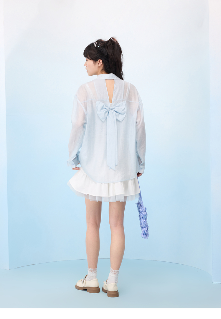 リボンブラウス 透け感シアーリボンブラウス