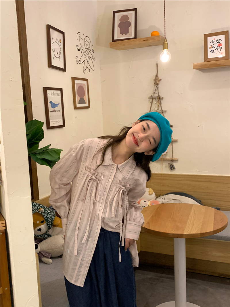 リボンブラウス 春のストライプ柄気質系胸元リボン長袖ブラウス