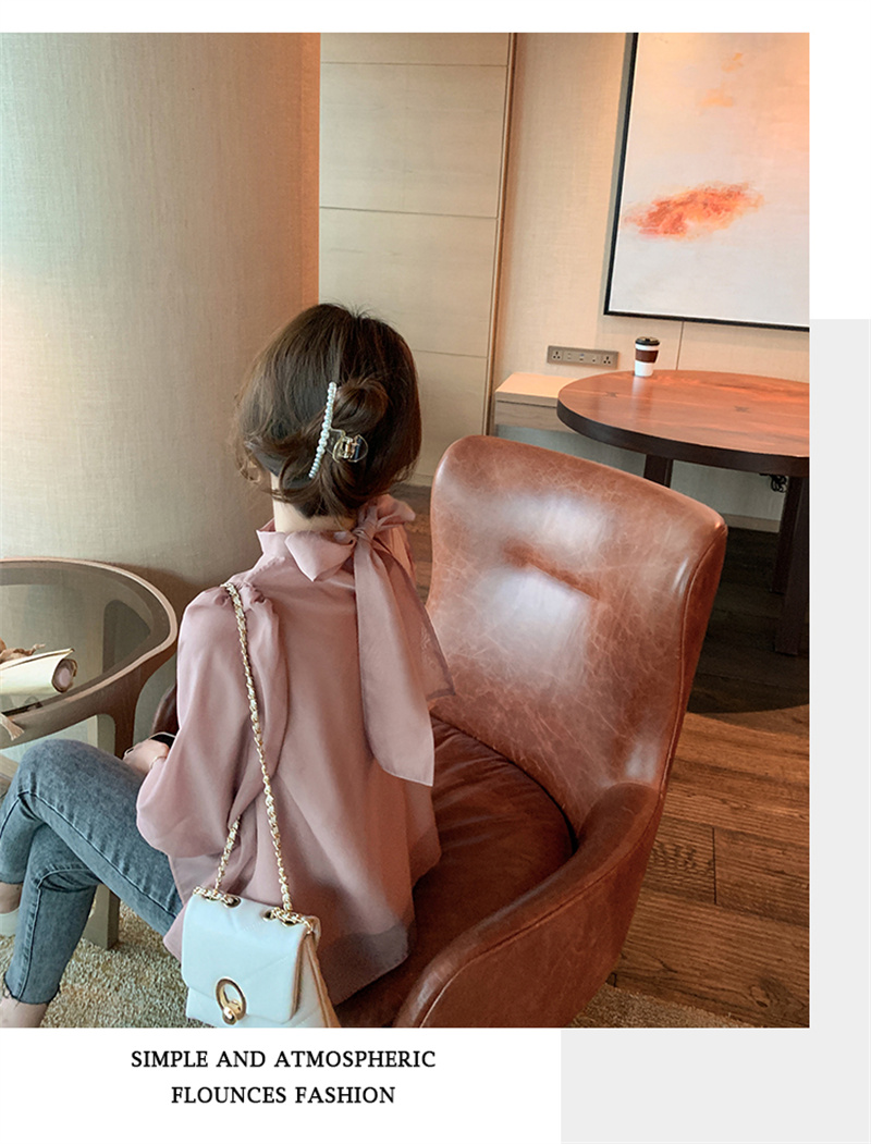 リボンブラウス 春の新作 エレガント ボウタイリボン パフスリーブ シフォンブラウス