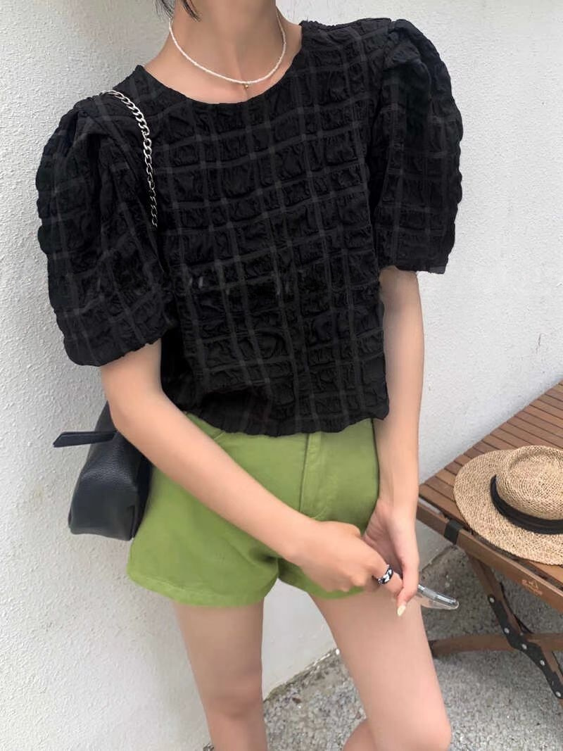 リボンブラウス 透かし彫り レトロ風 バックリボン ワッフル ブラウス