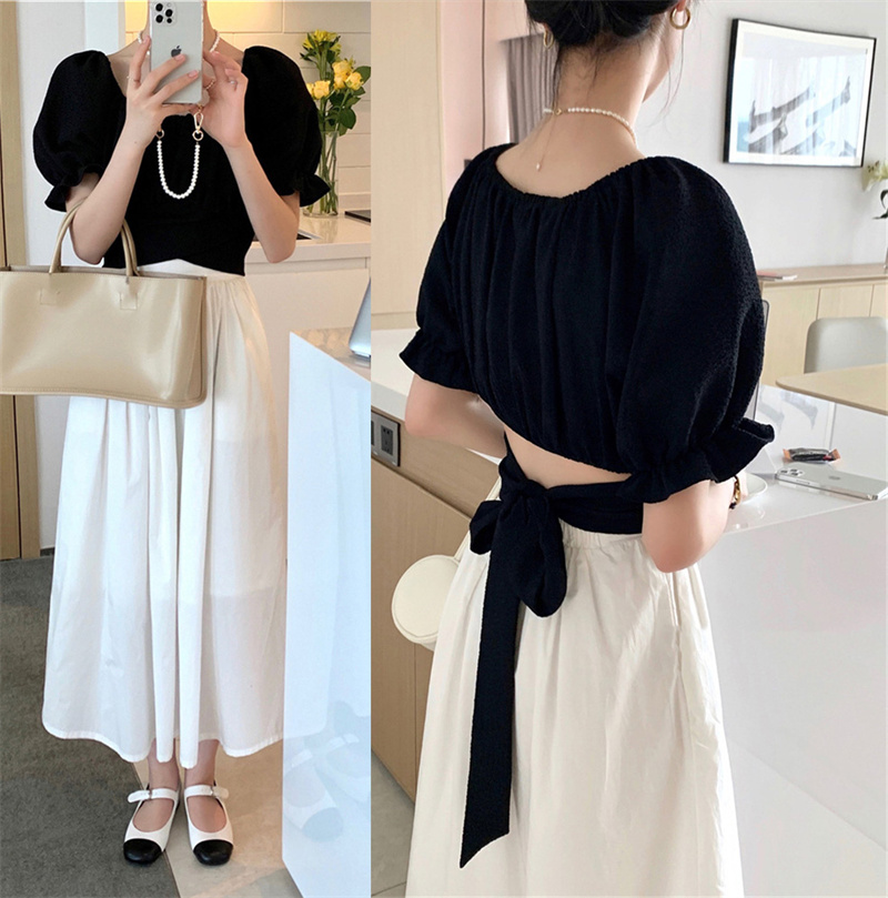 上品パフスリーブオフショルダーバックリボンブラウス