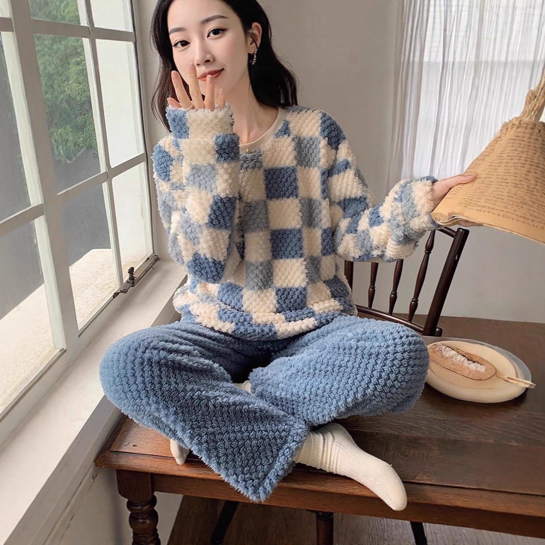 レディース ルームウェア チェック柄もこもこ厚手パジャマセットアップ4色展開