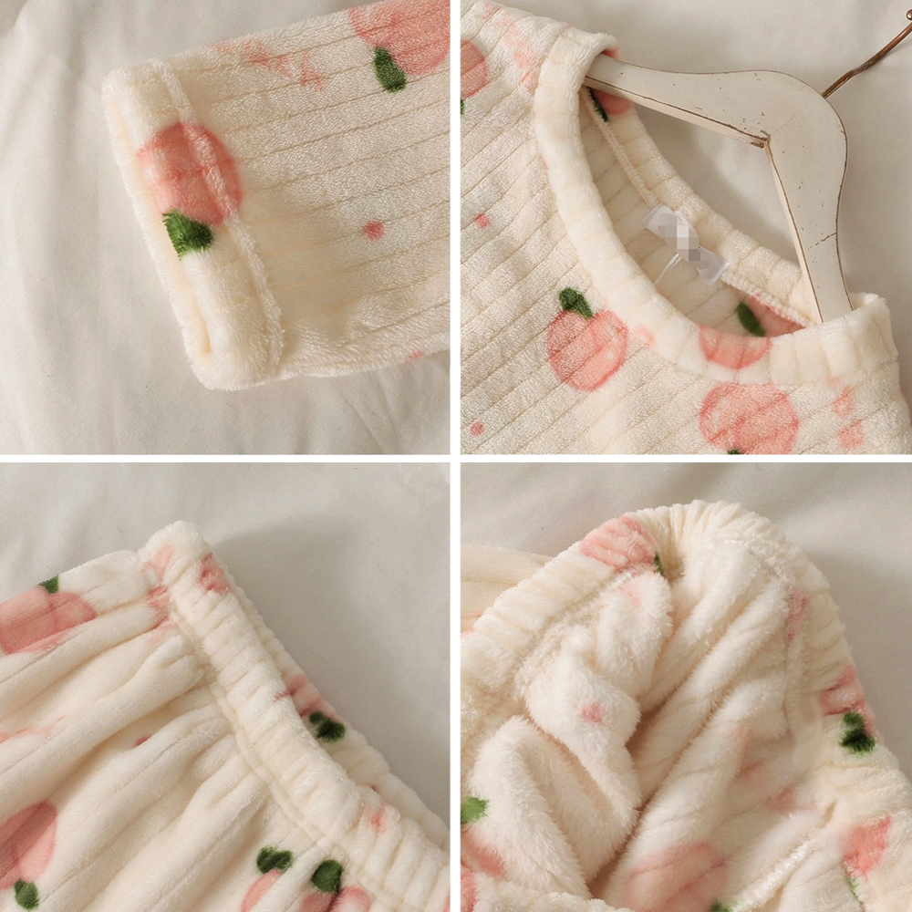 レディースルームウェアセットアップ桃柄もこもこ長袖パジャマ