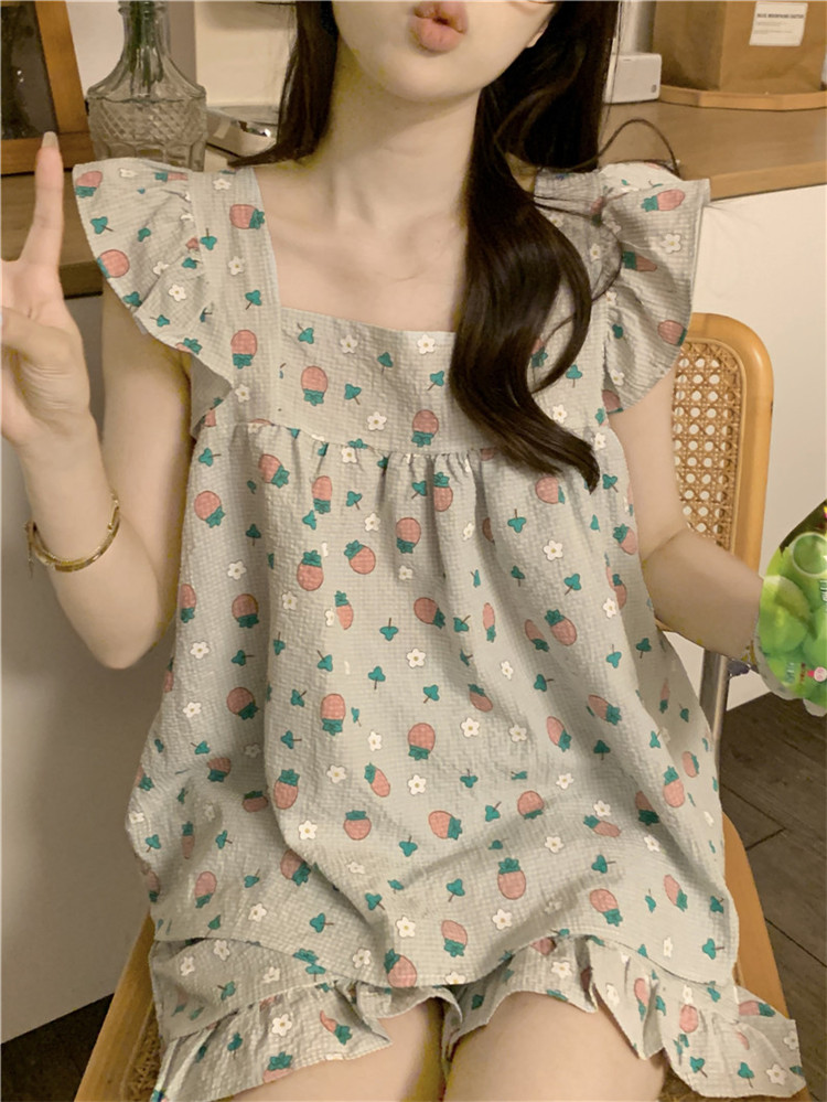 レディース ルームウェア 可愛いフリル付き花柄プリントルームウェア上下セット