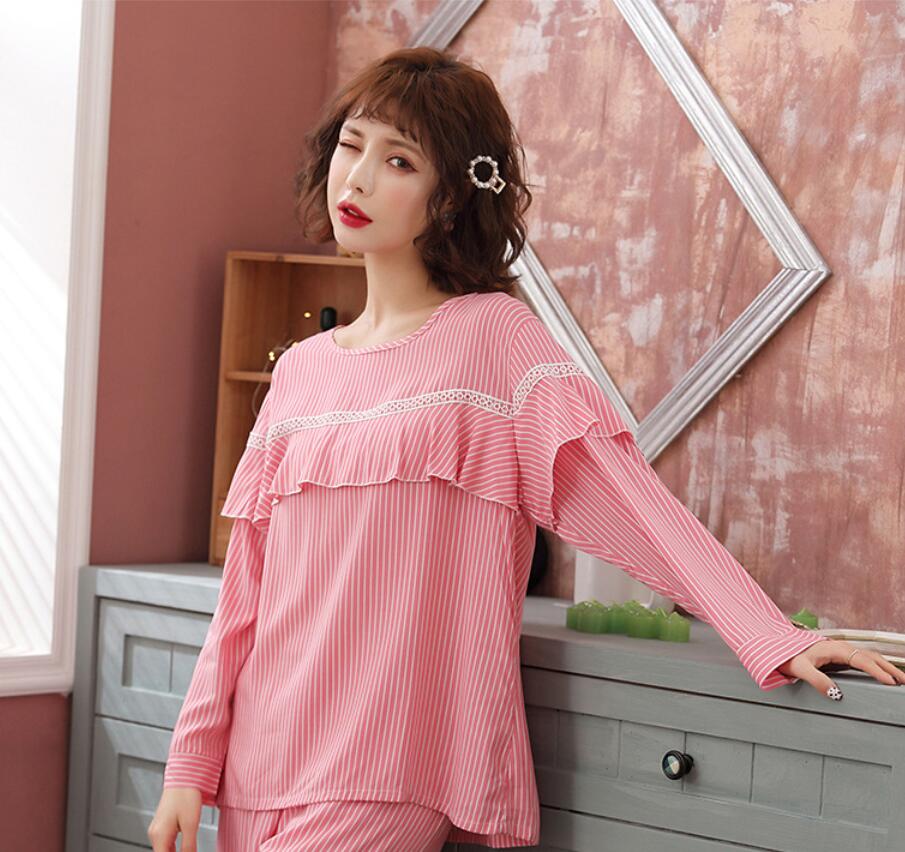 レディース ルームウェア 秋冬レディースフリル付きストライプパジャマセット