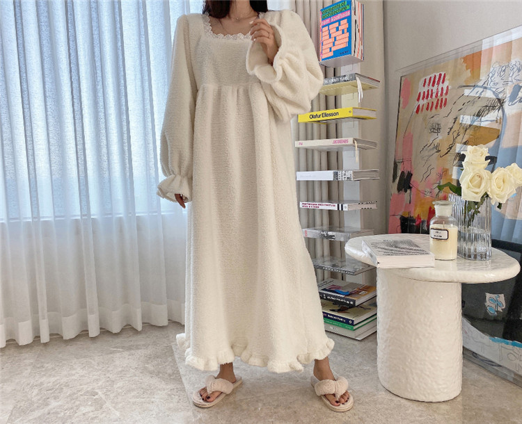 レディース ルームウェア 秋冬暖か四角ネック厚手ルームウェアワンピース