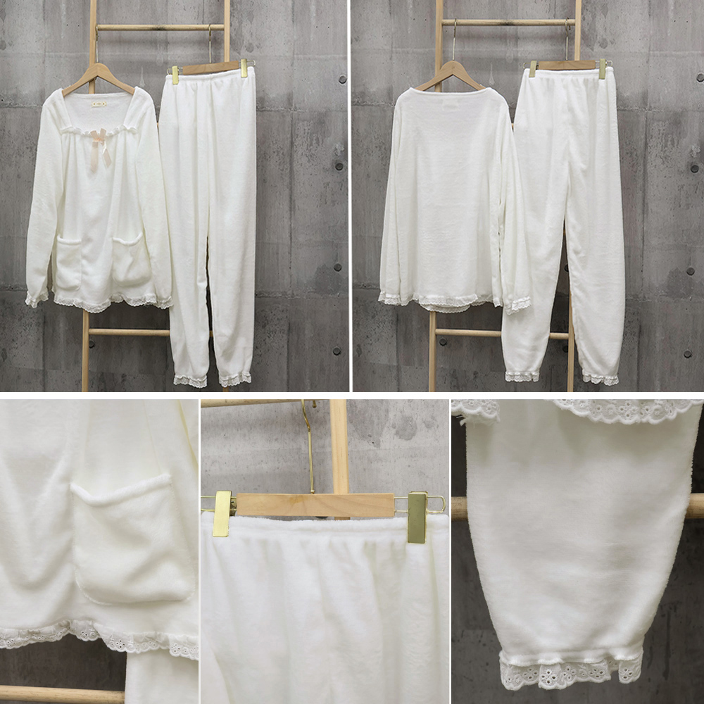レディース ルームウェア 白いレース付き長袖パジャマ 韓国風ルームウェア
