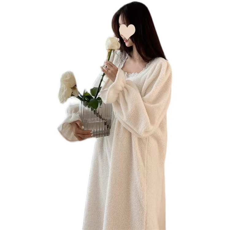 レディース ルームウェア 秋冬暖か四角ネック厚手ルームウェアワンピース