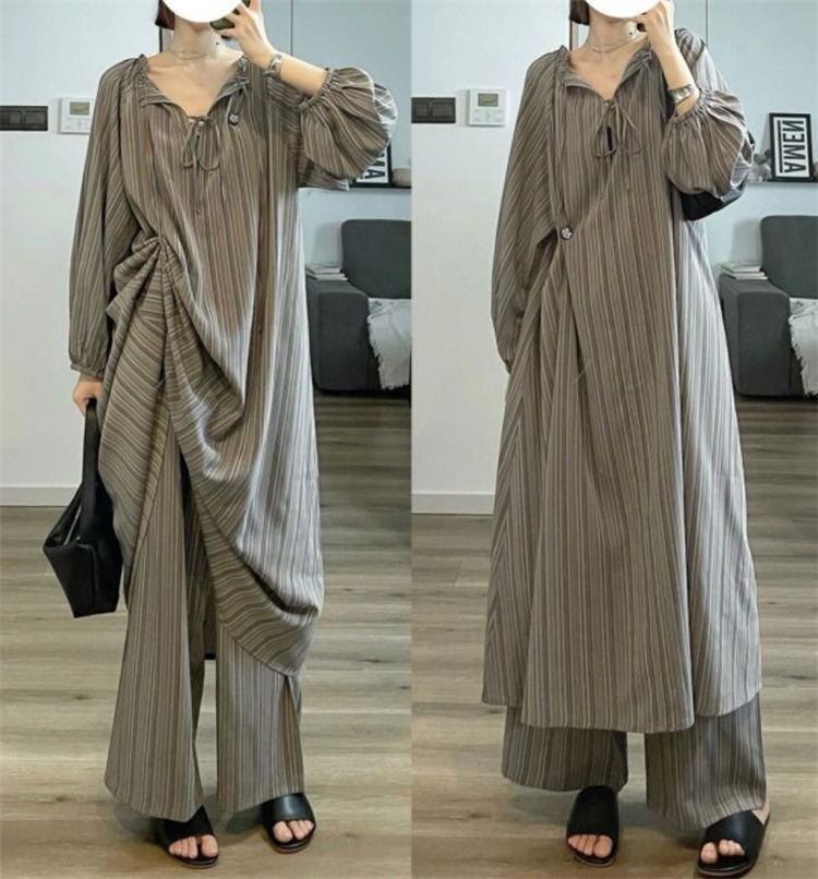 レディース ルームウェア 秋冬ストライプ長袖パジャマセット ロングワンピース