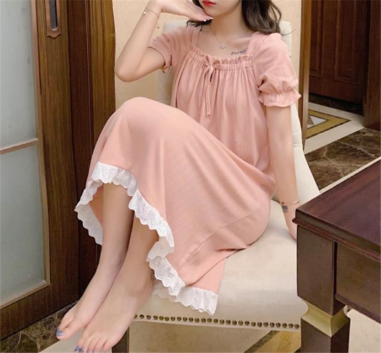 レディース ルームウェア 可愛い半袖ネグリジェ パフスリーブ レース付き 大きいサイズ対応